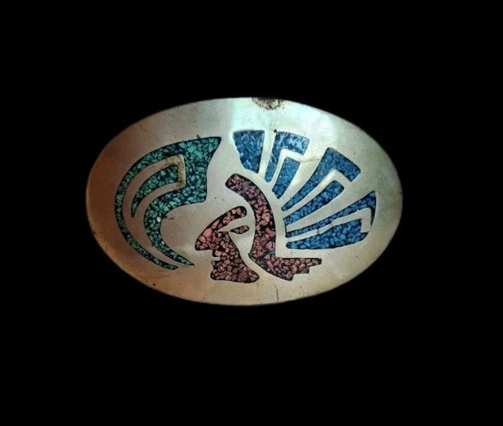 Vintage MCM Alpaca Mexico Turquoise Chip Inlay Belt Buckle Aztec Mayan Warrior